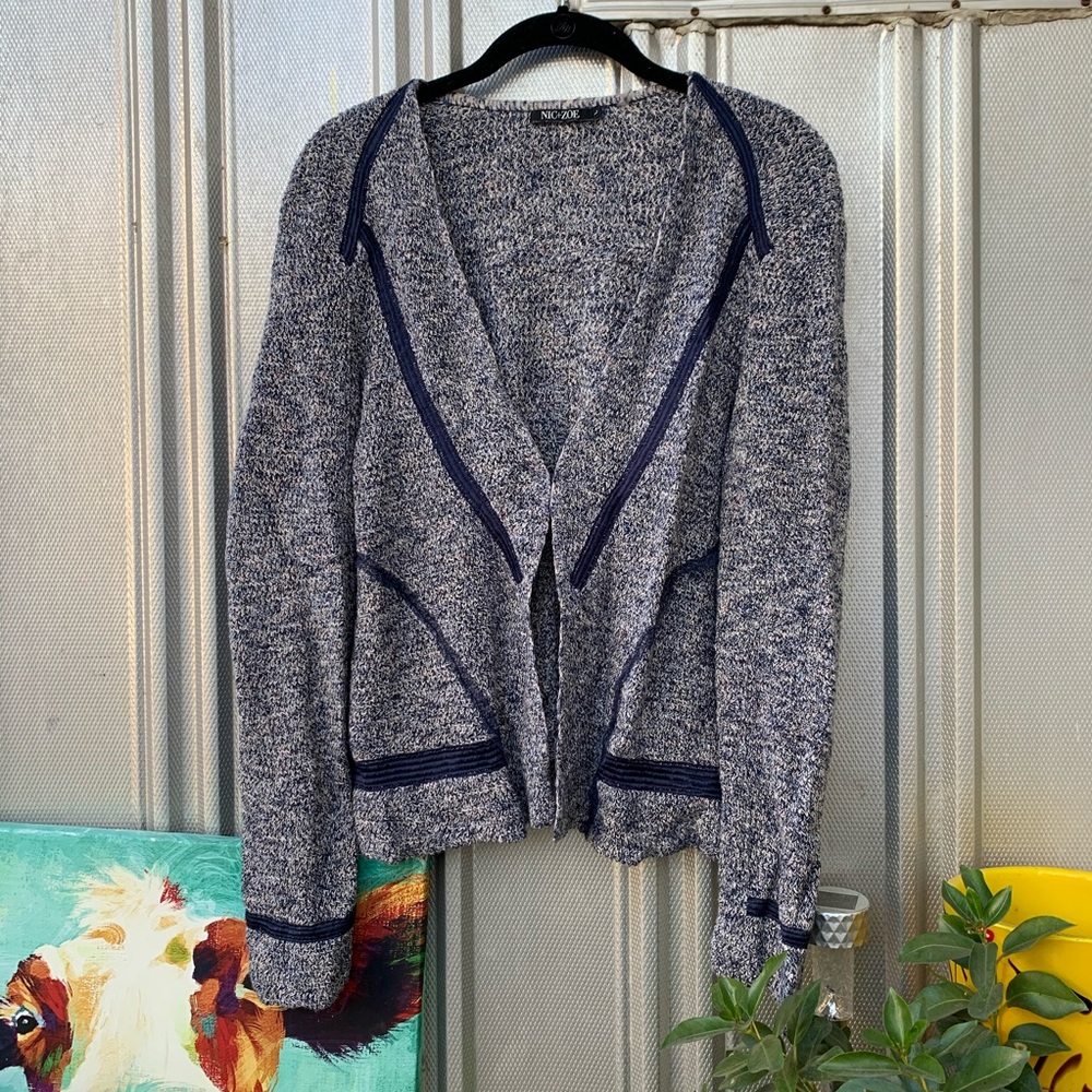NIC+ZOE Heathered Blue Open-Front Cardigan with Navy Trim